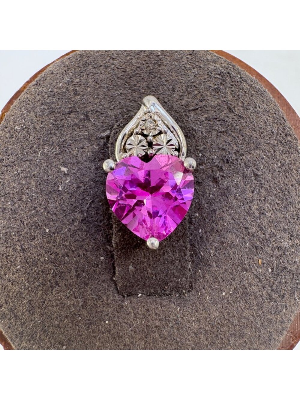 Natural Diamond & Pink CZ Heart Pendant Sterling Silver 925 Size 0.5" Length